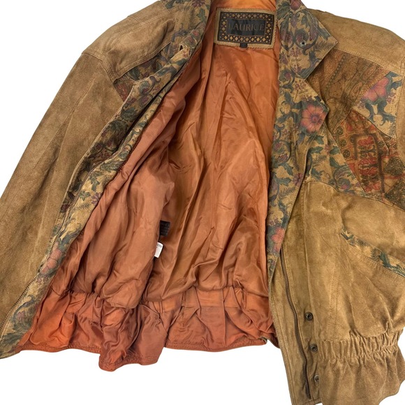 Laurice Vintage Brown Suede Leather Tapestry Patchwork Bomber Jacket Large - Picture 6 of 14